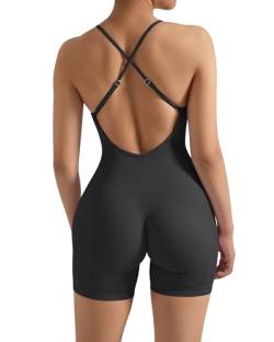 OMKAGI Rückenfreie Gerippte Jumpsuit Damen Kurz Spaghetti Strap Yoga Overall Bauchweg Sport Einteiler Romper(S,Schwarz) von OMKAGI