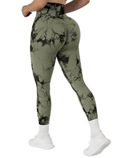 OMKAGI Scrunch Butt Leggings for Damen, High Waist Opaque Push Up Sports Trousers, Booty Lifting Seamless Gym Leggings(XL, Grün Tie Dye-588) von OMKAGI