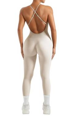 OMKAGI Seamless Gerippte Jumpsuit Damen Eng Rückenfreie Sleeveless Yoga Sport One Piece Romper High Neck Einteiler Workout Playsuit(L,Hautfarbe) von OMKAGI