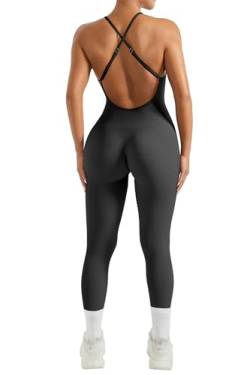 OMKAGI Seamless Gerippte Jumpsuit Damen Eng Rückenfreie Sleeveless Yoga Sport One Piece Romper High Neck Einteiler Workout Playsuit(S,Schwarz) von OMKAGI