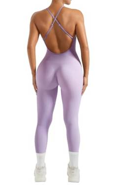 OMKAGI Seamless Gerippte Jumpsuit Damen Eng Rückenfreie Sleeveless Yoga Sport One Piece Romper High Neck Einteiler Workout Playsuit(XL,Lila) von OMKAGI