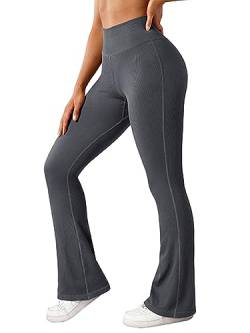 OMKAGI Women's Flared Yoga Trousers, Bootcut Yogahose Damen, High Waist Seamless Gerippt Flare Leggings Push Up Long Sports Trousers(L,Grau) von OMKAGI