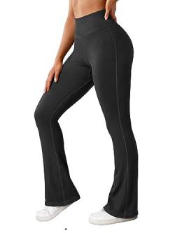 OMKAGI Women's Flared Yoga Trousers, Bootcut Yogahose Damen, High Waist Seamless Gerippt Flare Leggings Push Up Long Sports Trousers(M,Schwarz) von OMKAGI