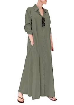 OMZIN Baumwolle Und Leinen Button down Langes Kleid Für Frauen Revers Hals Langarm Oversize Maxi Kleider Grün S von OMZIN