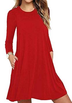 OMZIN Bluse Damen Sommerkleid Elegant Kleider Rundhals Langarm Einfarbig Shirt Blusenkleid Minikleid Strand Kleider Rot M von OMZIN