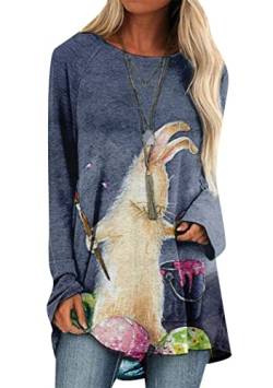 OMZIN Bunny Long Pullover Für Frauen Baggy Rundhalsausschnitt Sweatshirt Ostern Kaninchen Oversized Bluse Shirts Marineblaues Kaninchen 2XL von OMZIN