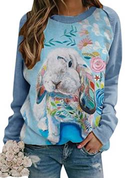 OMZIN Bunny Sweatshirt Für Frauen Color Block Kaninchen Print Pullover Casual Loose Easter Sweatshirt Tops Blau Kaninchen M von OMZIN