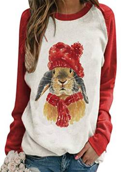 OMZIN Bunny Sweatshirt Für Frauen Leichter Crewneck Plus Size Pullover Ostern Kaninchen Druck Bluse Kaninchen Rot 3XL von OMZIN