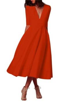 OMZIN Damen Anlass Kleid Elegant 3/4 Ärmel Tief V Ausschnitt Kleid Kurze Ärmel Vintage Hochzeitskleid Orange 2XL von OMZIN