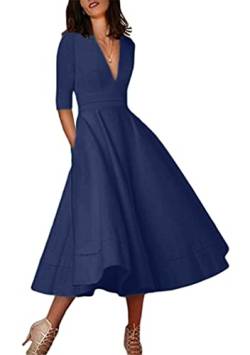 OMZIN Damen Anlass Kleid Plus Größe Brautkleid V-Ausschnitt Kleid mit Ärmeln A-Linie Wickelkleider Marineblau 3XL von OMZIN