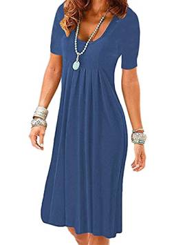 OMZIN Damen Baumwolle Kurzarm Kleid Casual Midi Kleid Unregelmäßiger Saum Sommerkleid Solid Basic Strandkleid Dunkelblau L von OMZIN