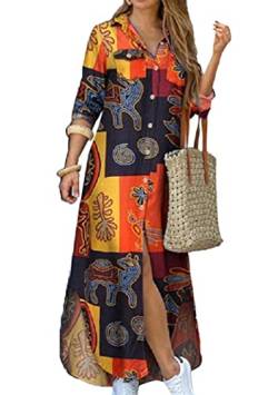 OMZIN Damen Baumwolle Und Leinen Long Shirt Kleid Floral Print Casual Loose Maxi Dresses Gelb M von OMZIN