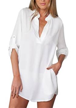 OMZIN Damen Bluse Bluse Chiffon Bluse für Damen Transparentes Hemd Weiß XS von OMZIN