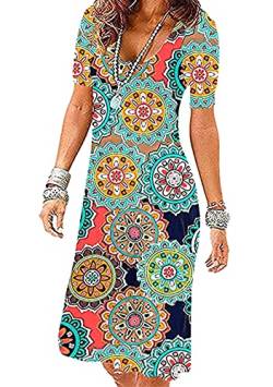 OMZIN Damen Bohemian Floral Printed Rundhalsausschnitt Kurzarm Strand Party Midikleid Sommer Party Casual Kleid Grün Ring 3XL von OMZIN