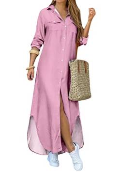 OMZIN Damen Button Down Shirt Kleid Aufgerollte Ärmel Übergröße Bluse Geteilte Maxi Shirt Kleid Rosa L von OMZIN