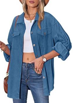 OMZIN Damen Casual Cordjacke Trendy Solid Revers Tops Lose Fall Shirt Jacket Coat Outwear Blau 2XL von OMZIN