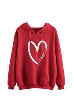 OMZIN Damen Casual Hoodie Herz Grafiken Langarm Kordelzug Pullover Sweatshirts Lose Bluse mit Tasche Rot 2XL von OMZIN