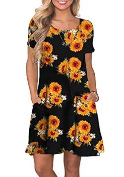 OMZIN Damen Casual Kleid Rundhals Kurzarm Casual Kleid Swing A-Linie Kleider Schwarze Sonne XL von OMZIN