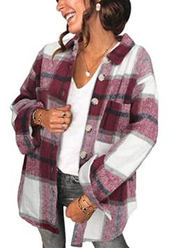 OMZIN Damen Casual Lange Leichte Outwears Pocket Revers Cardigan Lange Ärmel Lose Blusen Weinrot L von OMZIN