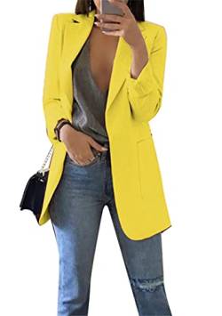 OMZIN Damen Casual Open Front Blazer Langarm Arbeit Büro Jacke Blazer Schlichte Farbe Slim Blazer Herbst Long Blazer Gelb XL von OMZIN