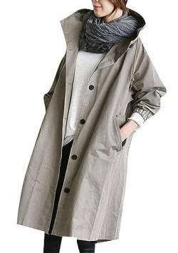 OMZIN Damen Casual Single Breasted Hooded Long Trenchcoat Solid Color Long Sleeve Windproof Coat Hellgrau XXL von OMZIN