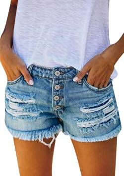 OMZIN Damen Casual Sommer Ripped Washed Distressed Stretch Denim Shorts Solid Color Jean Shorts Hellblau L von OMZIN
