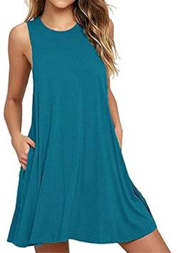 OMZIN Damen Casual Sommerkleid Solid Plain Casual Beach Swing Tee Shirt mit Tasche Kleid Peacock Blau L von OMZIN