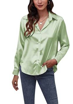 OMZIN Damen Casual Tops V Hals Solid Farbe Tunika Langarm Button Down Hemden Vintage Top Hellgrün M von OMZIN