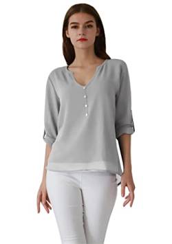OMZIN Damen Chiffon Tops Langarm Shirts Casual Bluse Lose V-Ausschnitt Bluse T Shirt Top Grau XXL von OMZIN