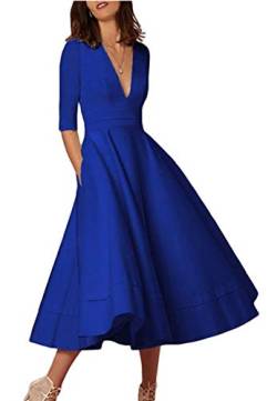 OMZIN Damen Cocktailkleid Kleid Kurze Ärmel Tiefer V-Ausschnitt Sommerkleid Ausgehkleid Swing Hochzeitskleid Blau M von OMZIN