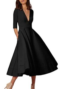 OMZIN Damen Cocktailkleid Kurzarm Sommerkleid Sexy V-Ausschnitt Retro Kleid Schwarz L von OMZIN