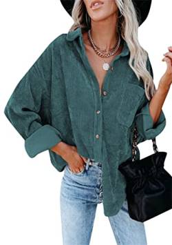 OMZIN Damen Cord Plaid Hemden Langarm Revers Button Down Cardigan Boyfriend Shacket Jacke Mäntel Grün L von OMZIN