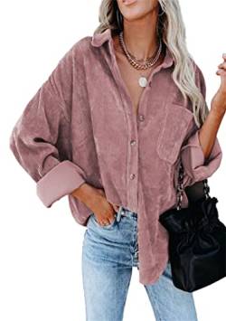 OMZIN Damen Cordhemden Casual Oversized Button Down Shacket Langarm Blusen Top Mit Taschen Pink XXL von OMZIN