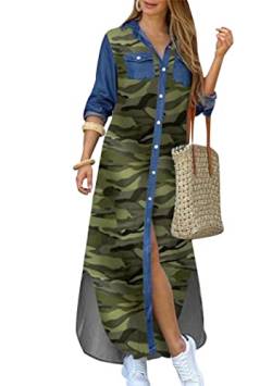 OMZIN Damen Farbe 3/4 Ärmel Aufgerollt Hemden Kleid Knöpfe Unten Seitenschlitz Maxi Kleider Camouflage XL von OMZIN