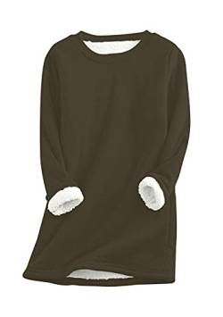 OMZIN Damen Fleece Langes Sweatshirt Rundhals Pullover Lässiger Langarm Ausgestatteter Mini Pullover für Frauen Hoodies Armeegrün 3XL von OMZIN