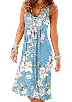 OMZIN Damen Flowy Strandkleider Faltenkleid Baumwolle Midikleid Tank Kleid Off The Shoulder Sommerkleider Blau Lily 3XL von OMZIN