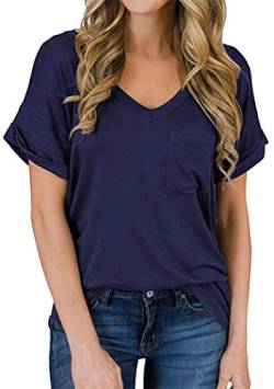 OMZIN Damen Freizeit T-Shirt Oberteil Alltags Freizeit Shirt Baumwolle für Urlaub T-Shirt Navy Blau XL von OMZIN