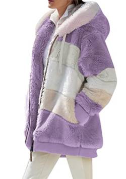 OMZIN Damen Fuzzy Fleece Kapuzenmantel Outwear Langarm Full Zip Sherpa Cardigan Jacken mit Taschen Violett 5XL von OMZIN