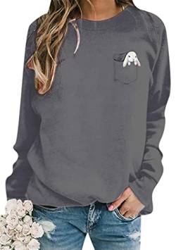 OMZIN Damen Happy Easter Langarm Sweatshirt Rundhalsausschnitt Niedlicher Hase Lose Pullover Shirt Fit Tunika Tops Dunkelgrau 3XL von OMZIN