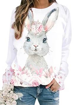 OMZIN Damen Happy Easter Rabbit Graphic Oversized Shirts Langarm-Shirts Bunny Bedruckt Tunika Sweatshirts Blume Rabbi S von OMZIN