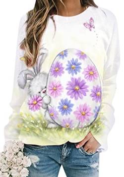 OMZIN Damen Happy Easter Rabbit Langarm Pullover Cute Bunny Sweatshirt Rundhalsausschnitt Color Block Tunika Tops Ei Kaninchen M von OMZIN