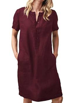 OMZIN Damen Henley Leinen Kleid Mode Kurzarm Lose V-Ausschnitt Sommer Einfarbig Party Elegantes Kleid Wein Rot XL von OMZIN