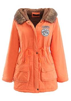 OMZIN Damen Jacke Winter Warm Mantel mit Pelzkapuze Kragen Kapuze Slim Faux Fur Gefüttert Chunky Outwear Zip Up Orange XL von OMZIN