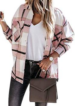 OMZIN Damen Kariert Bluse Tunika V-Ausschnitt Tops 3/4 Ärmel/Lange Ärmel Knöpfe Langes Hemd Shirt T-Shirt Tops Für Herbst Winter Rosa S von OMZIN