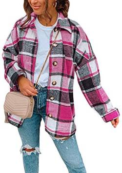 OMZIN Damen Karohemd Langarm Button Down Kariert Flanell Hemden Casual Boyfriend Jacke Turn Down Kragen Kleidung Herbst Rose 2XL von OMZIN