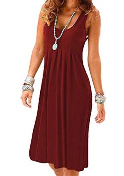 OMZIN Damen Kleid A Line Rundhalsausschnitt Strandkleider Tunika Basic Casual Tank Kleid Weinrot S von OMZIN