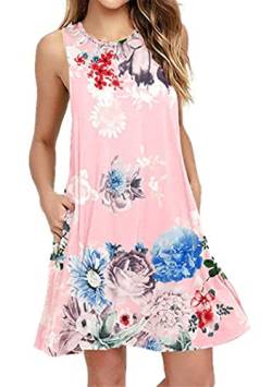 OMZIN Damen Kleid Casual Loose T-Shirt Kleid Für Damen Basic Sommerkleider Mit Taschen Mini Kleid Rosa Blume XL von OMZIN