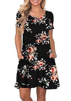 OMZIN Damen Kleid Lässiges Bedruckt Strandmode Minikleid Kurzarm Strandkleider Schwarze Rose 2XL von OMZIN