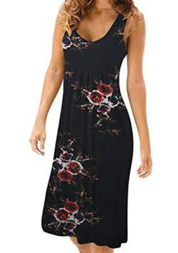 OMZIN Damen Kleid Midi Sommerkleider Baumwolle A Line Strandkleid Ärmelloses Trägerkleid Schwarze Blume M von OMZIN