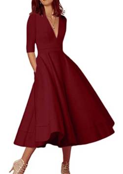 OMZIN Damen Kleid Party Plus Größe Hochzeitskleid Vintage Kleider Wickelkleider Wein Rot XL von OMZIN